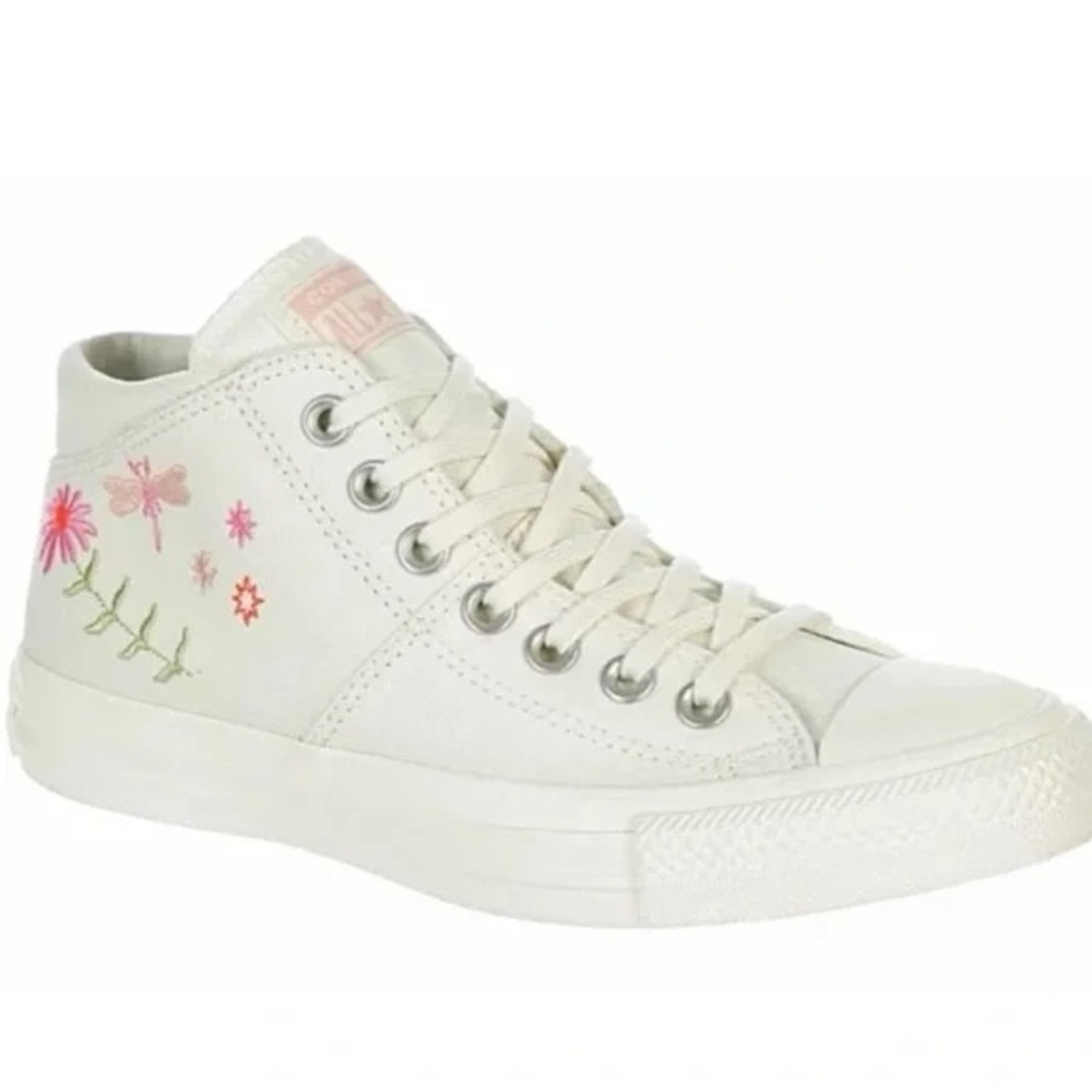 Converse White High-Top Sneakers with Pink Floral Embroidery